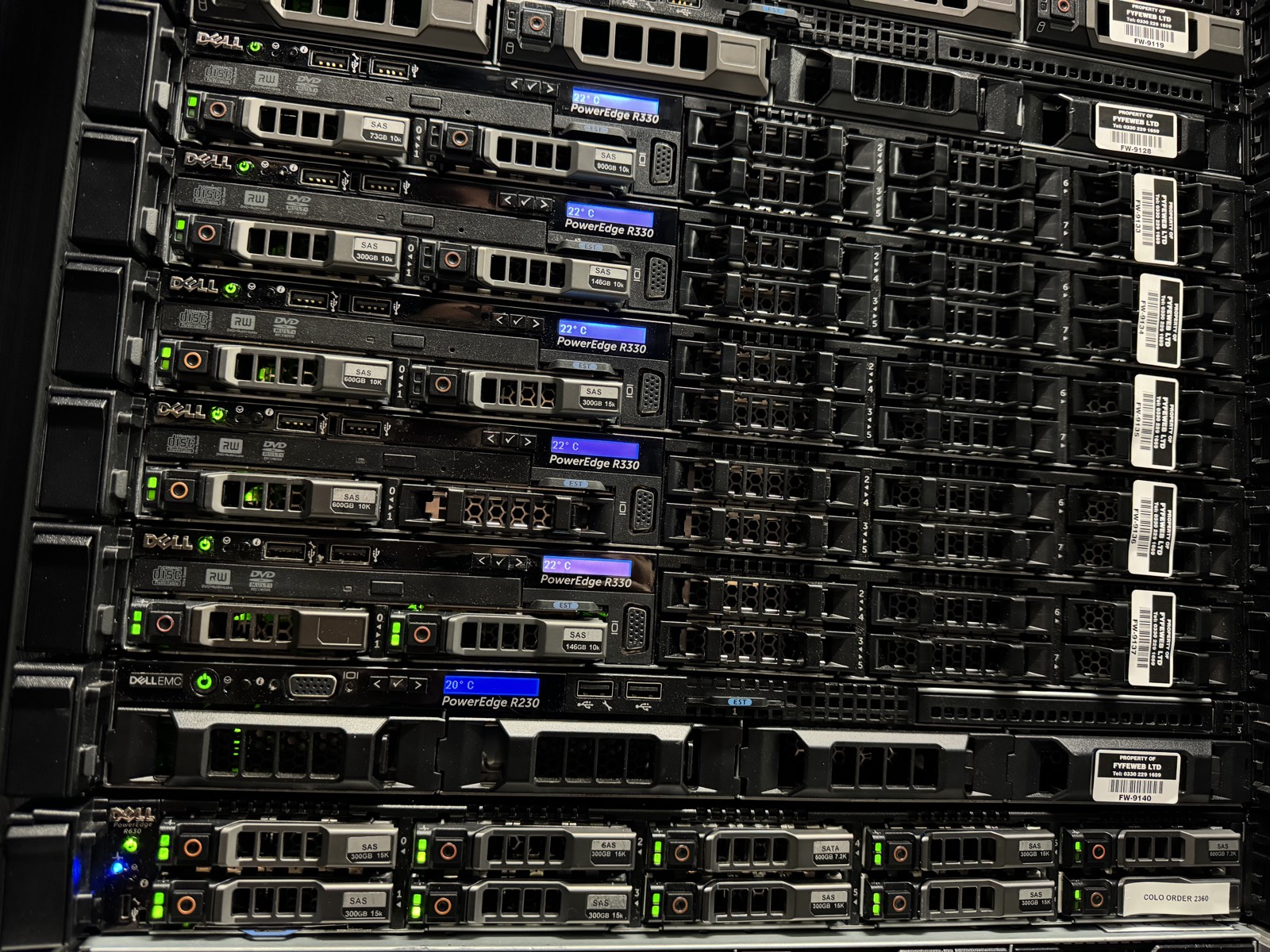 A fleet of labelled Dell PowerEdge dedicated servers in a FyfeWeb rack