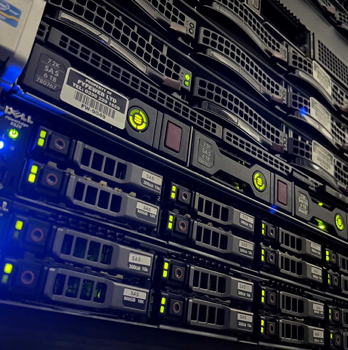Dell PowerEdge servers with SAS drives, labelled property of FyfeWeb Ltd