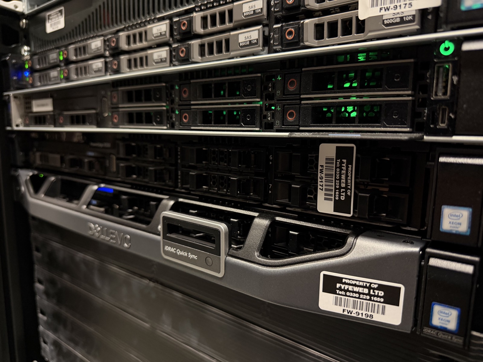 FyfeWeb-owned servers with FyfeWeb Ltd property asset tags in a UK data centre
