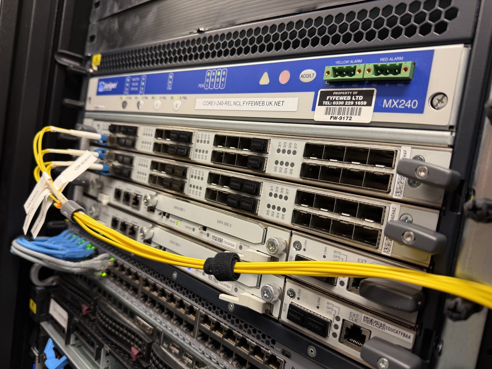 A Juniper MX240 core router with single-mode fibre in a FyfeWeb rack