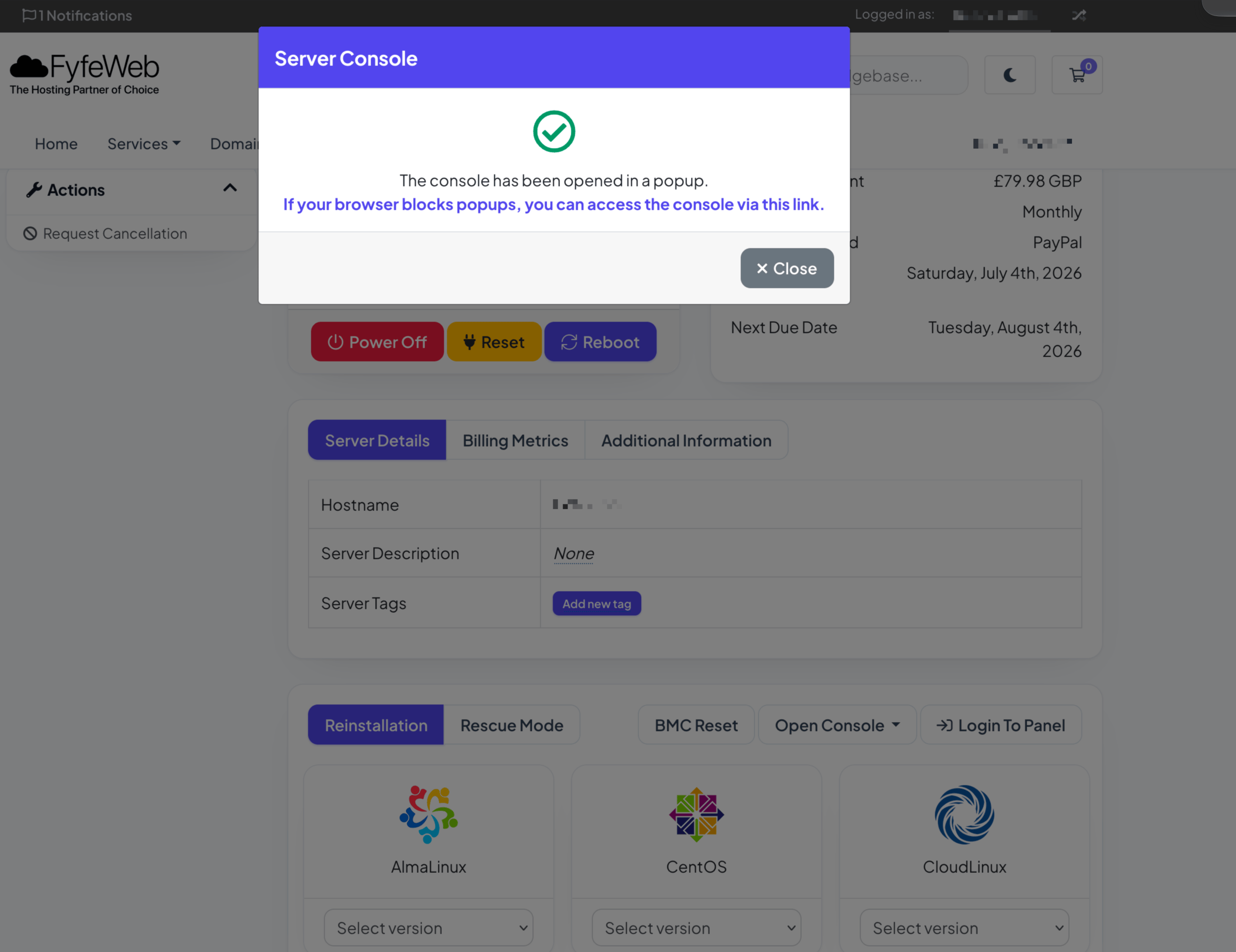 FyfeWeb client area launching a browser-based server console, with OS reinstallation and power controls