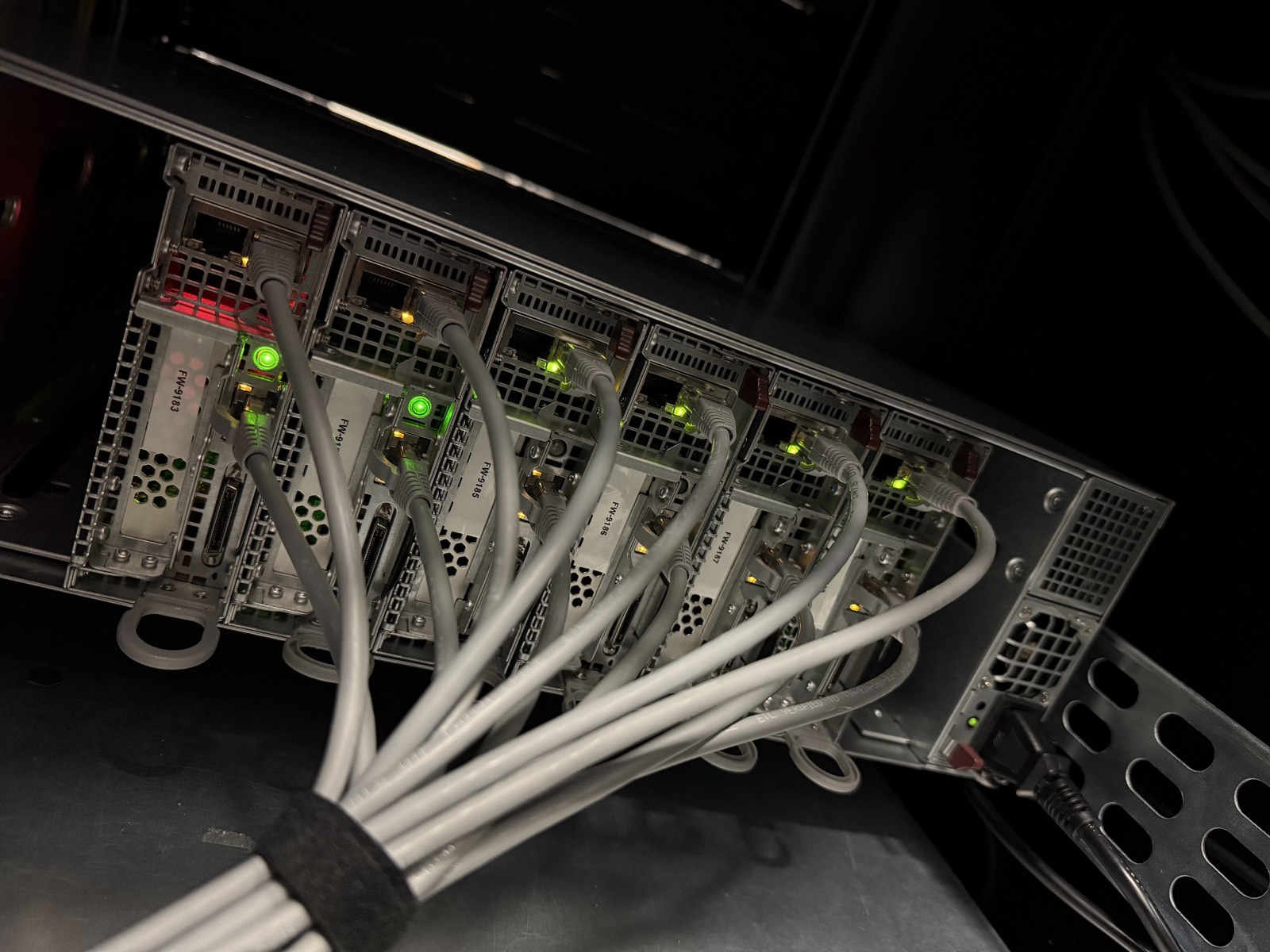 Neatly bundled cabling fanning into FyfeWeb servers