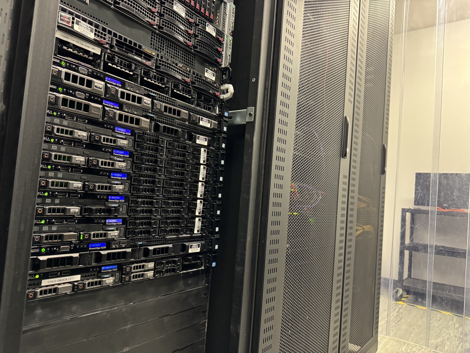 A rack of Dell servers in a FyfeWeb data centre aisle